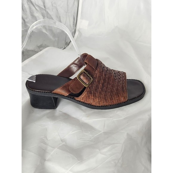 Square Heel Open Toe Leather Woven Upper Shoes Women’s Size 8.5‎ Brown Buckle - Picture 5 of 14